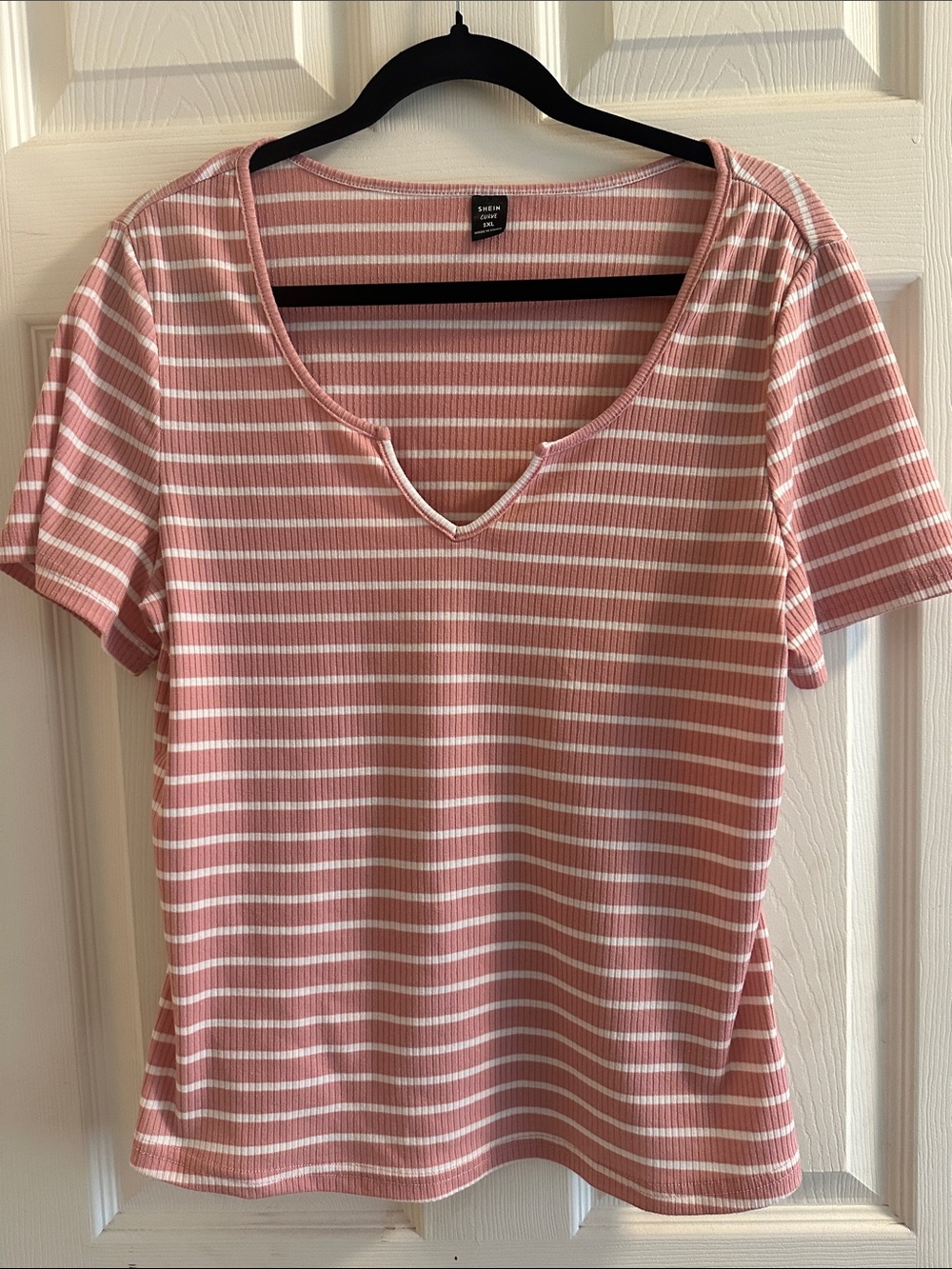 Pink & White Striped Notch Neck Tee